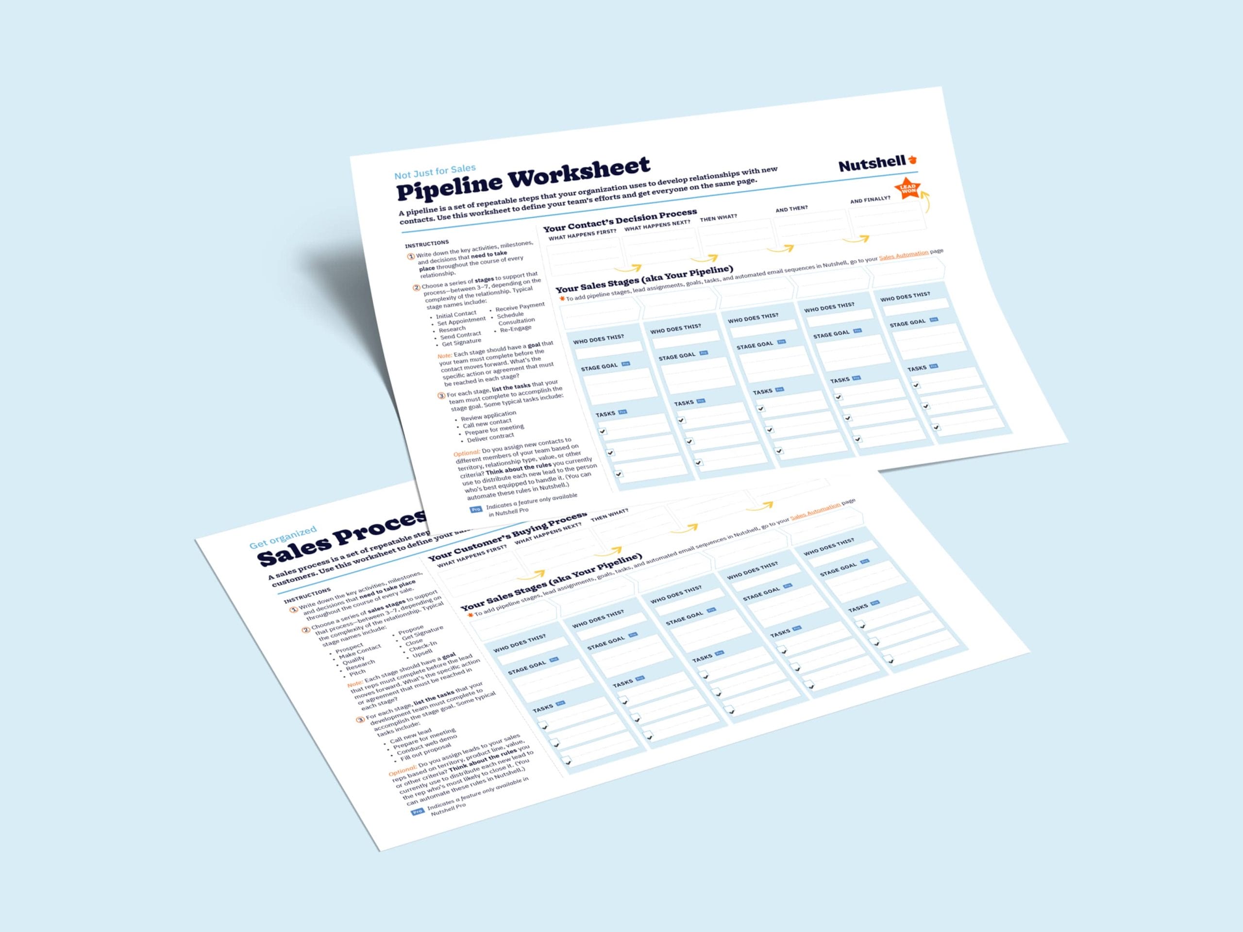 a pipeline worksheet and a sales Process worksheet are sitting on top of each other on a blue surface .