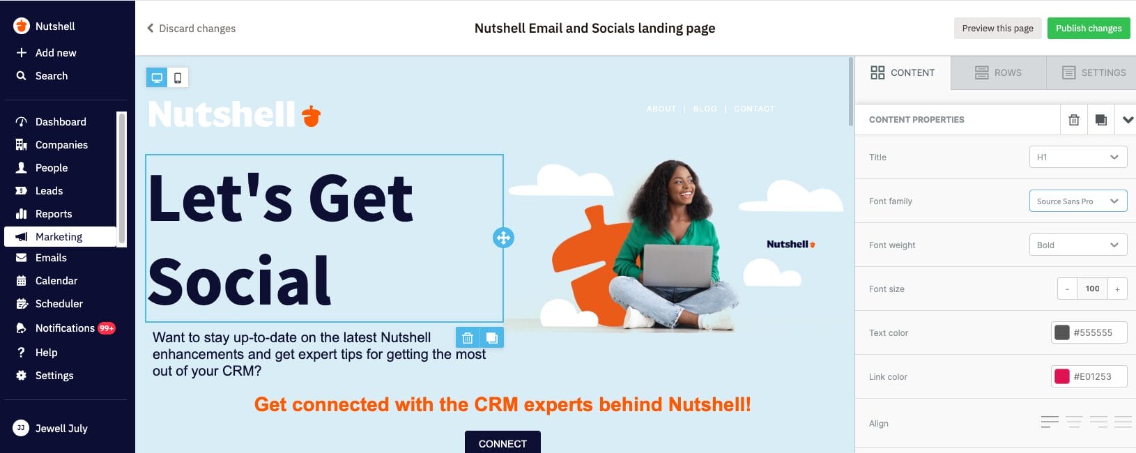 a screenshot of a landing page builder on the Nutshell dashboard with the words "Let's Get Social"