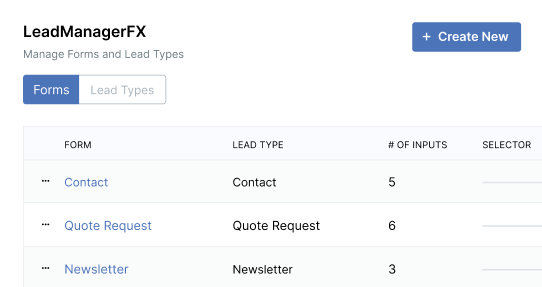 a screenshot of LeadManagerFX showing lead types