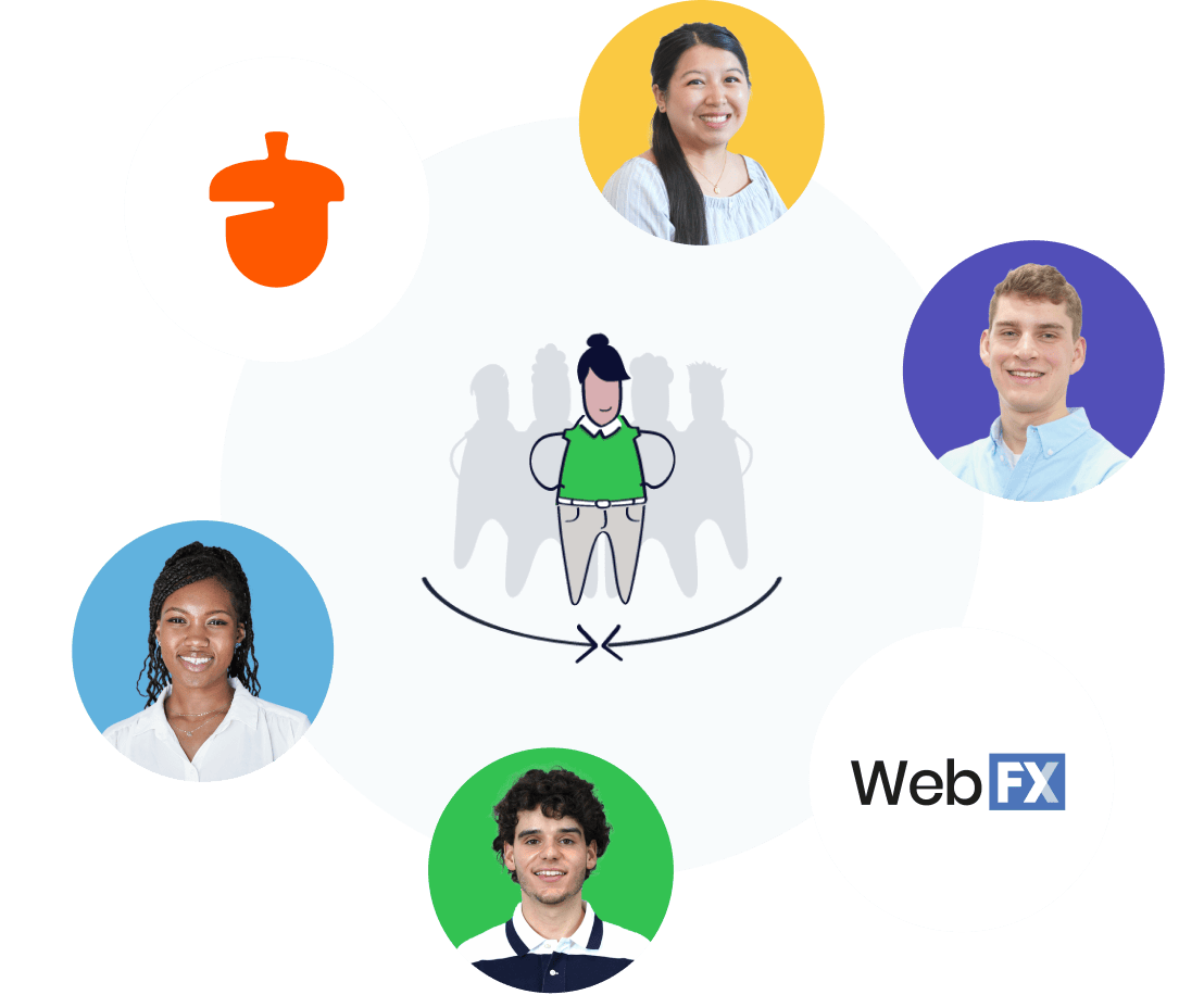 Nutshell and WebFX employees are surrounded by WebFX and Nutshell logos